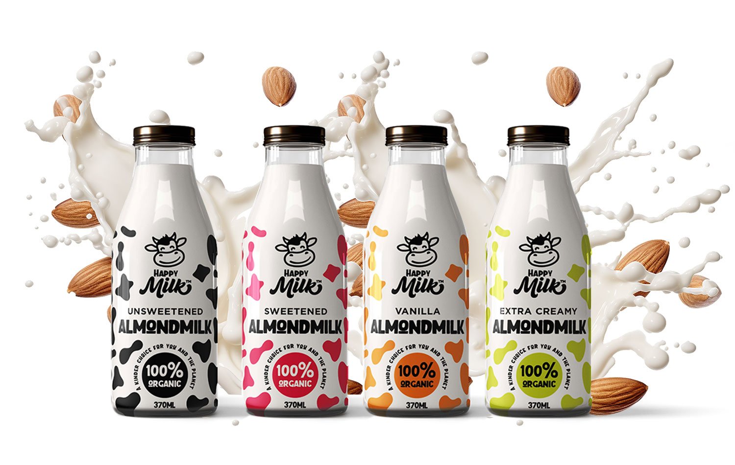 Happy Milk vegan branding project packaging design showing colorful almond milk variants with cow pattern elements