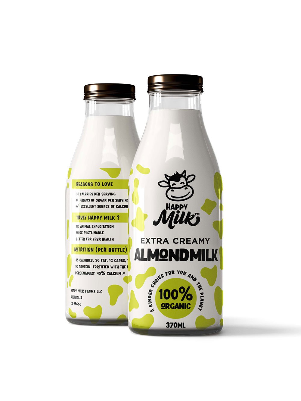 Happy Milk vegan branding logo design with black and white cow mascot created by Das Design Studio