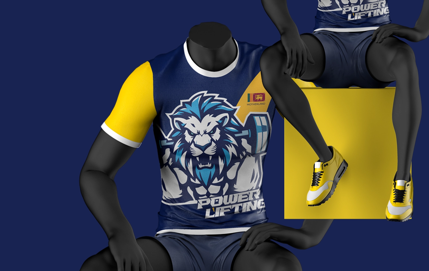 Custom powerlifting t-shirt in saffron and navy with lion artwork