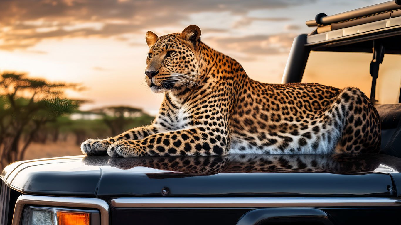Leopard lays on a Safari Jeep