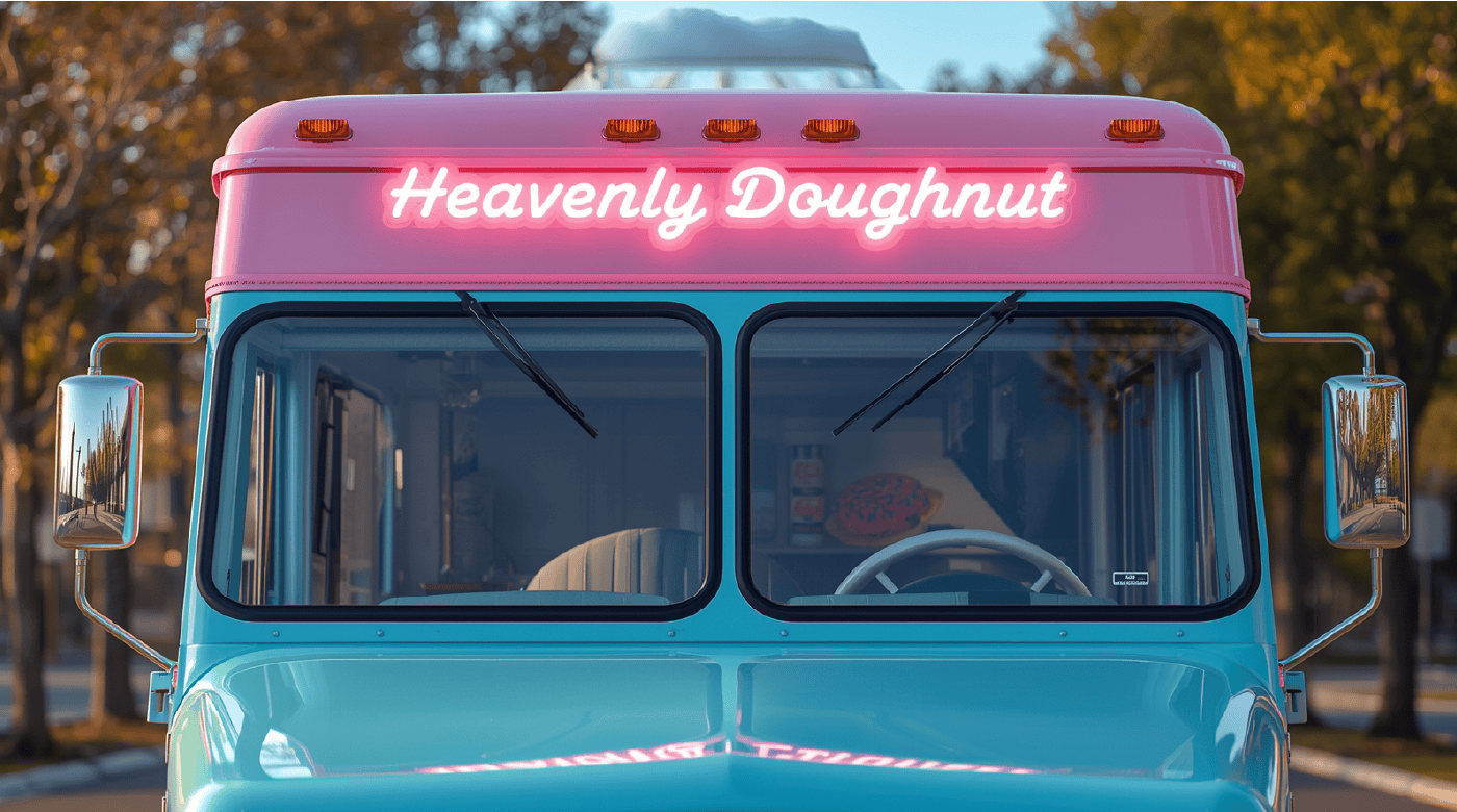 doughnuts truck menu front view with neon sign Heavenly Doughnut