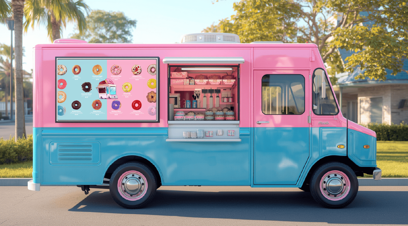 doughnuts truck menu design with digital TV display and product layout