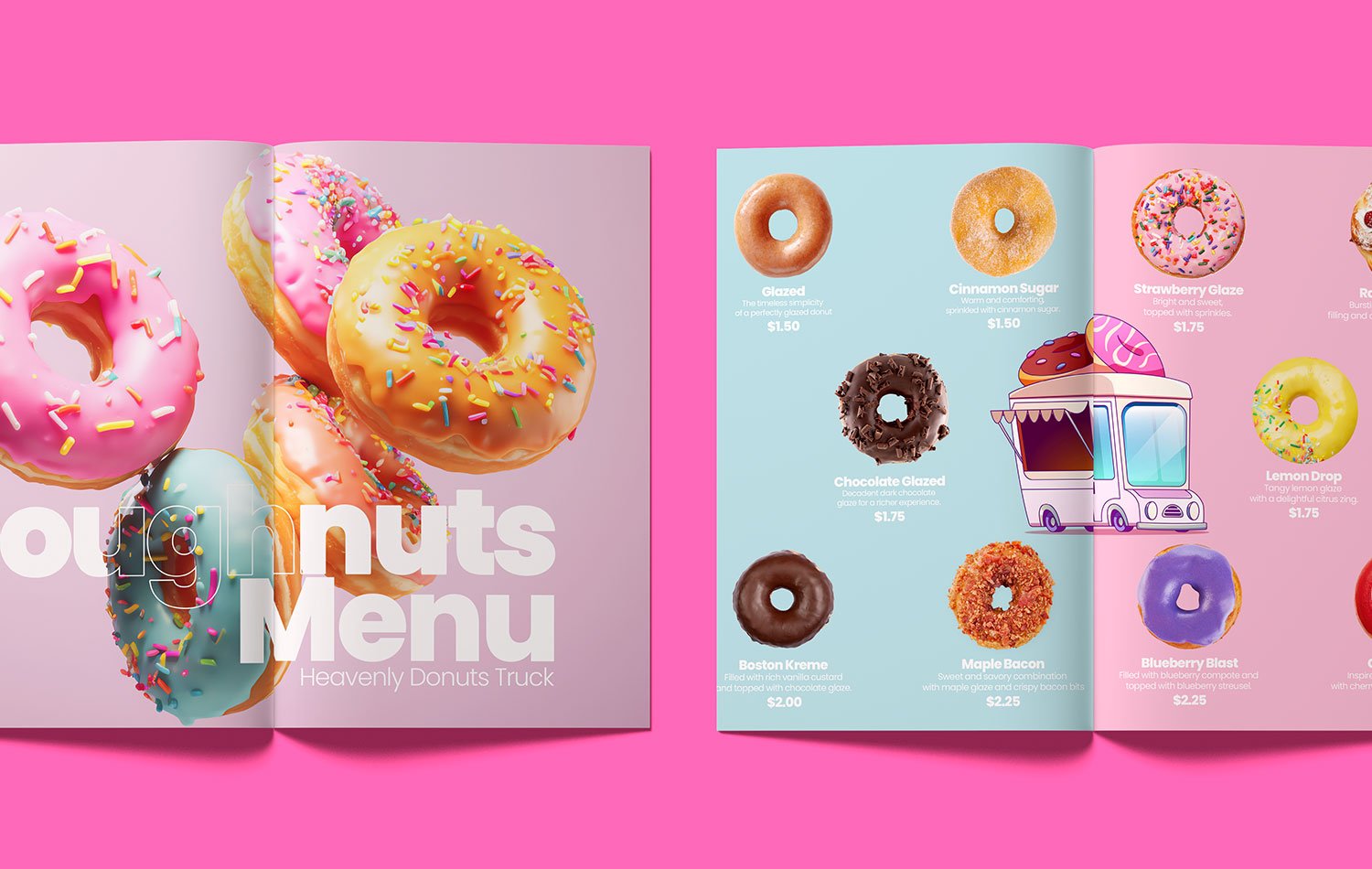 Colorful donut menu design for Heavenly Donuts Truck featuring real product photos, pastel background, prices, and clear labels—designed by Das Design Studio for both print and TV display.