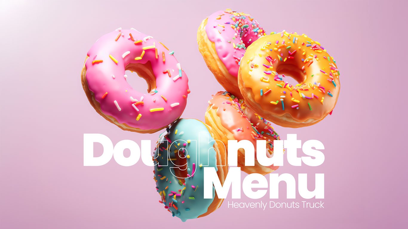 Colorful donut menu design for Heavenly Donuts Truck featuring real product photos, pastel background, prices, and clear labels—designed by Das Design Studio for both print and TV display.