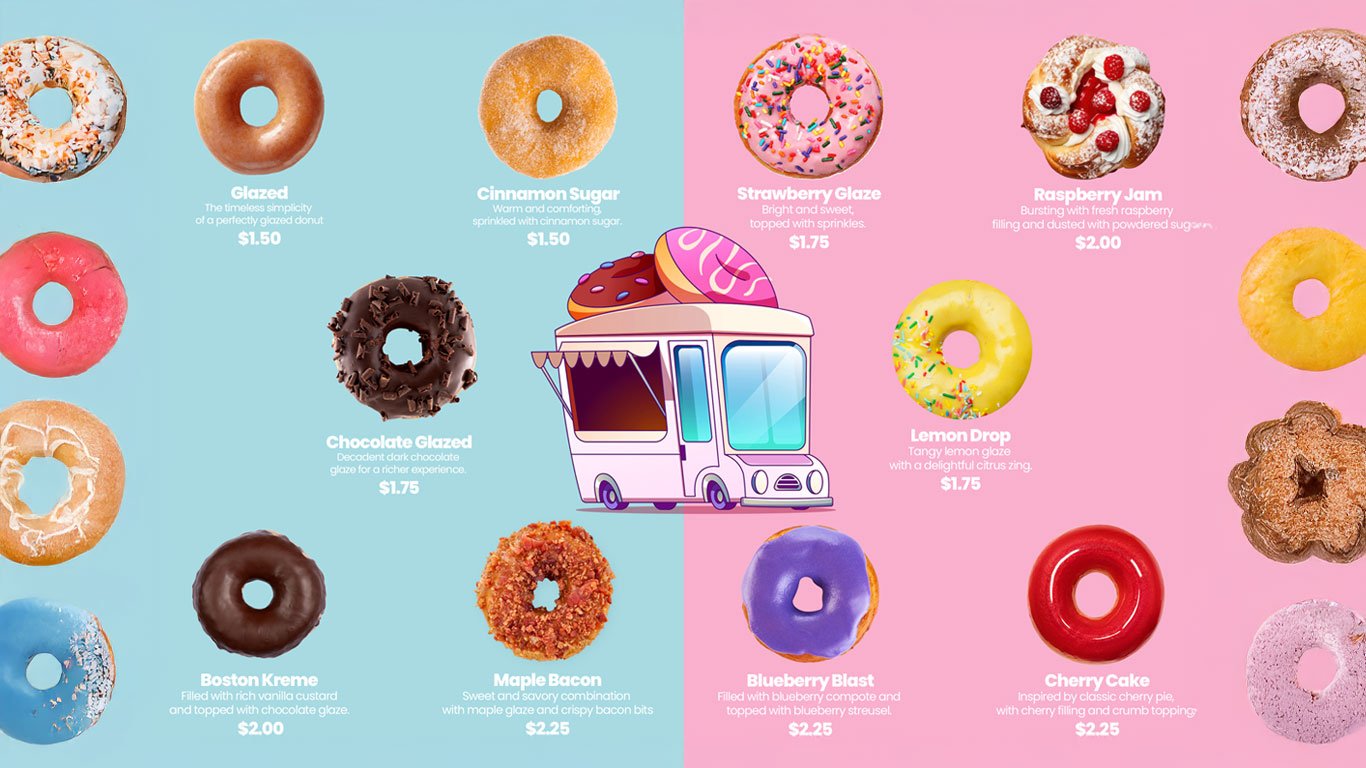 Colorful donut menu design for Heavenly Donuts Truck featuring real product photos, pastel background, prices, and clear labels—designed by Das Design Studio for both print and TV display.