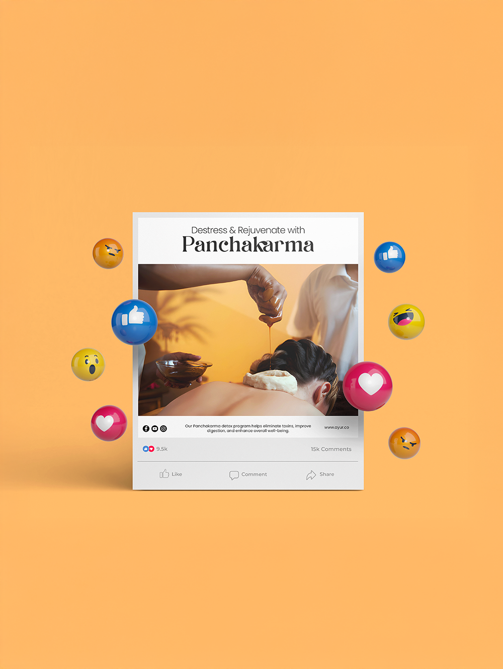Social media ad for Ayurvedic Panchakarma treatment with floating reaction icons on an orange background.