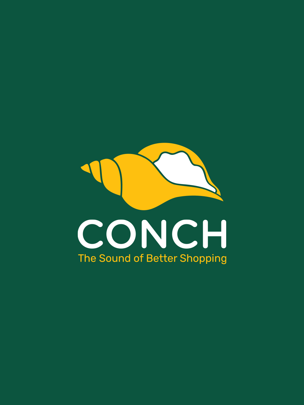 Logo design for Conch Supermarket featuring a yellow conch shell with the tagline "The Sound of Better Shopping" on a green background