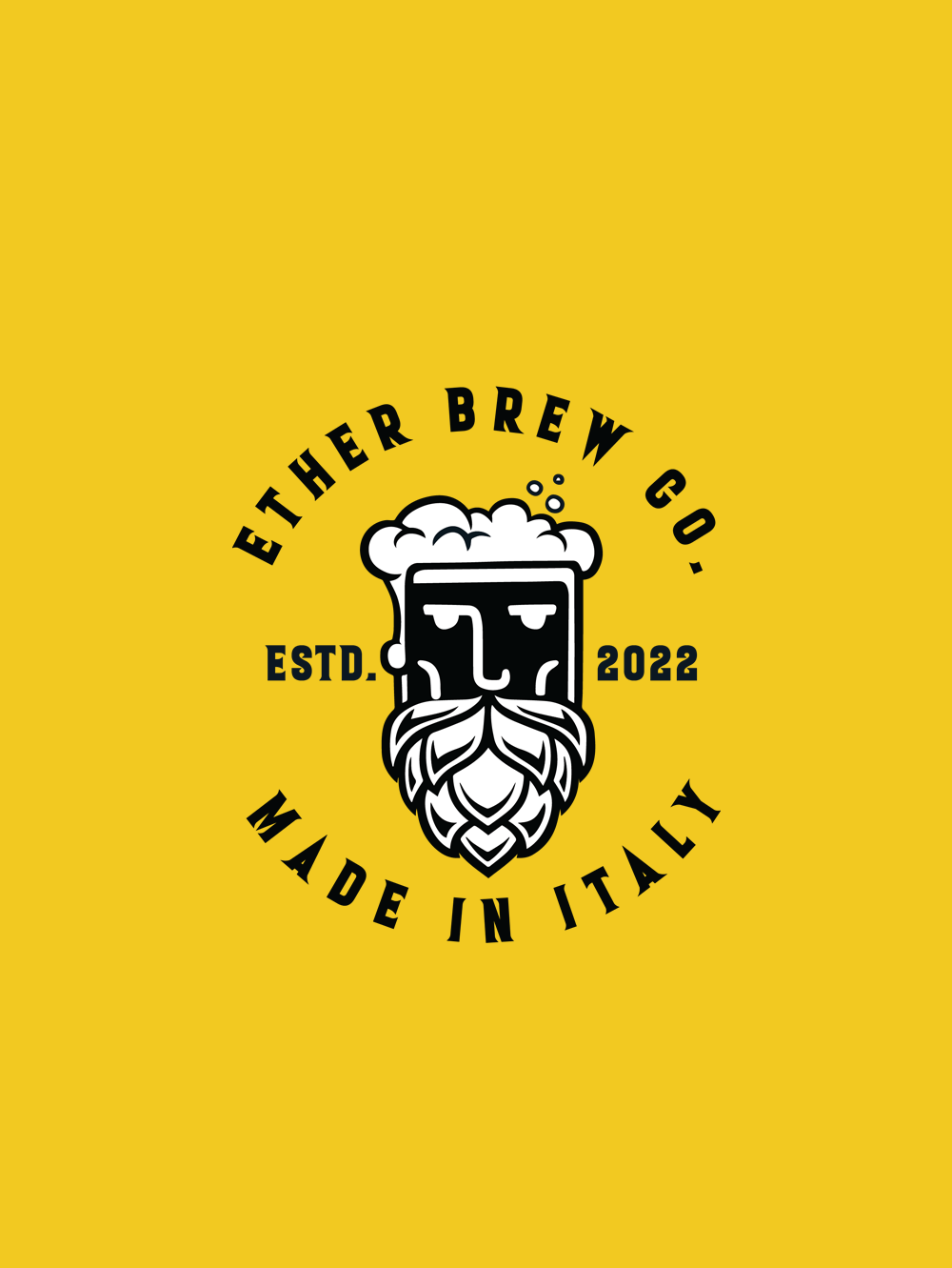 Black and white logo design for Ether Brew Co. featuring hop beard and beer foam head – created by Das Design Studio