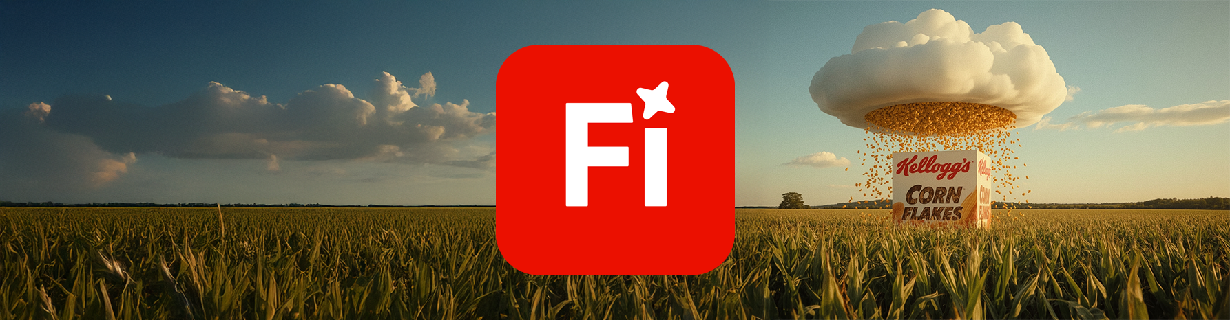 Adobe Firefly efficiency in creative design – AI-generated surreal cornfield scene with Kellogg’s Corn Flakes and logo overlay