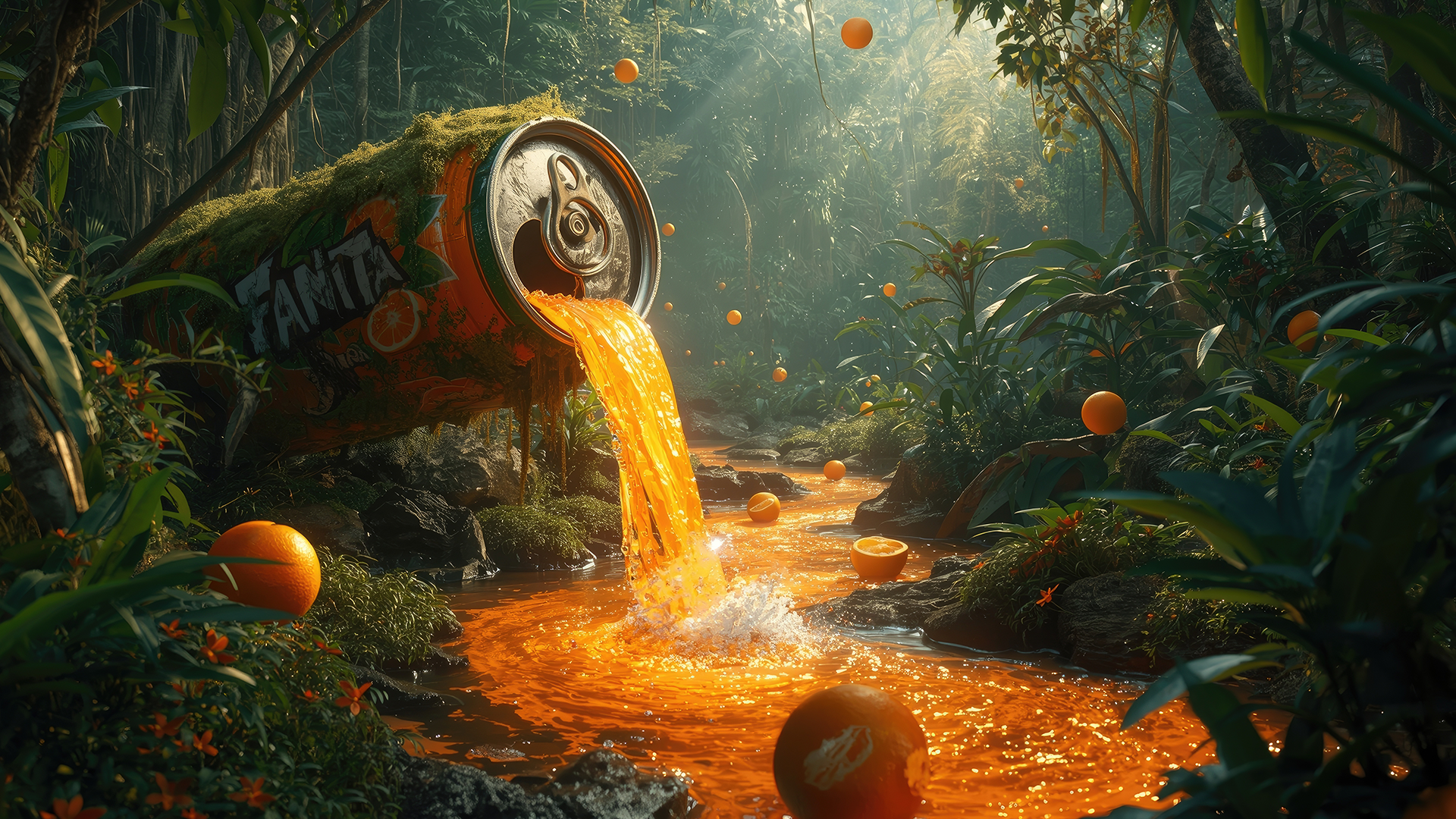 Adobe Firefly efficiency in creative design – surreal jungle with giant soda can pouring orange river surrounded by oranges