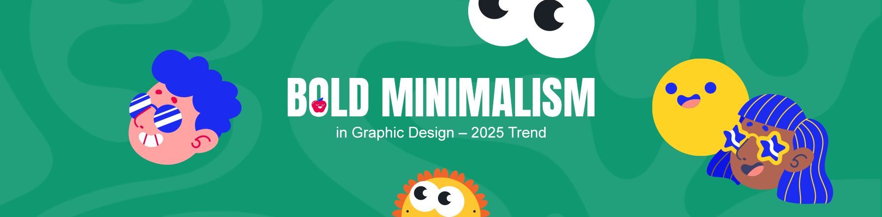 Bold Minimalism in graphic design banner with playful illustrated characters and bold typography on green background