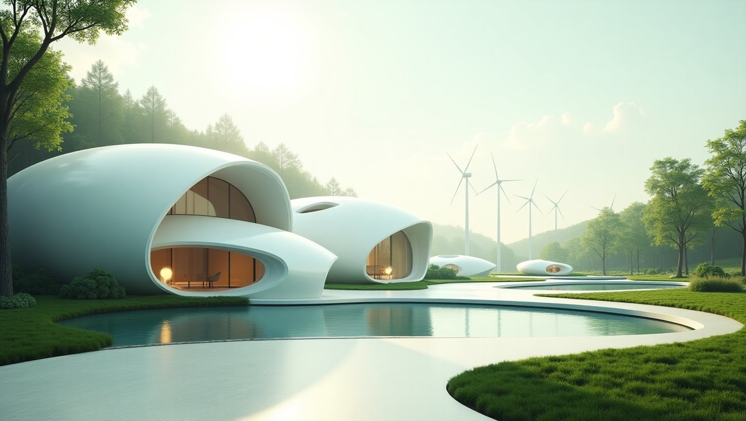 Futuristic white eco-homes with curved architecture surrounded by greenery, water canals, and wind turbines in a lush forest.