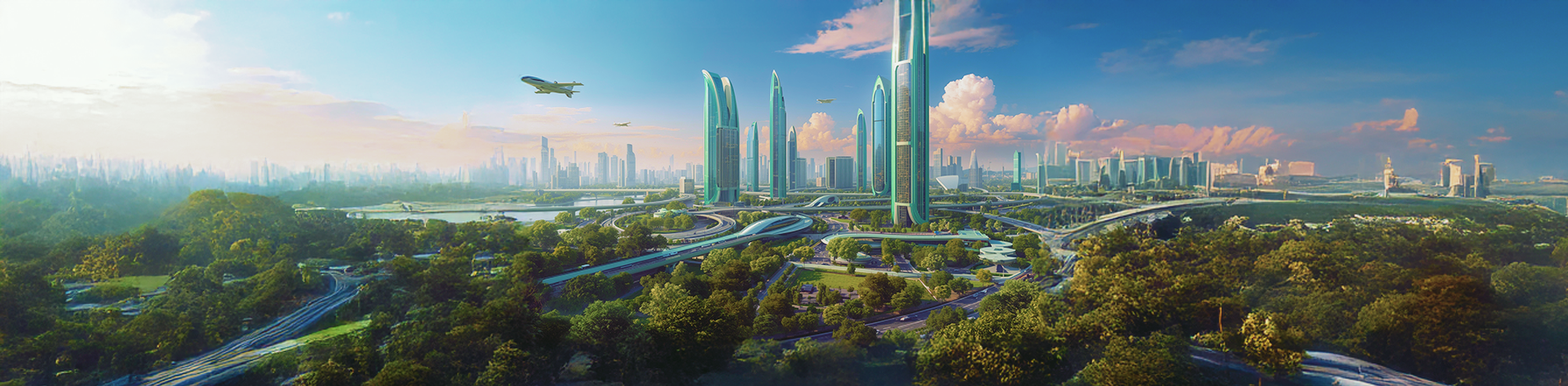 Futuristic green smart city skyline with sustainable architecture and eco-friendly transport systems.