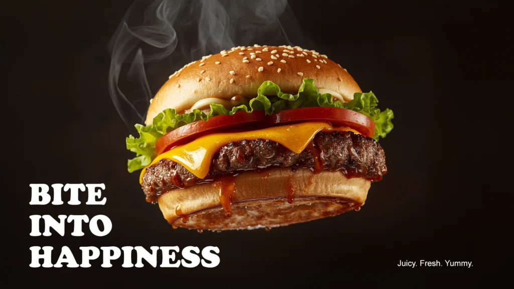 Bold Minimalism concept using a hyperrealistic juicy burger with bold typography and clean composition