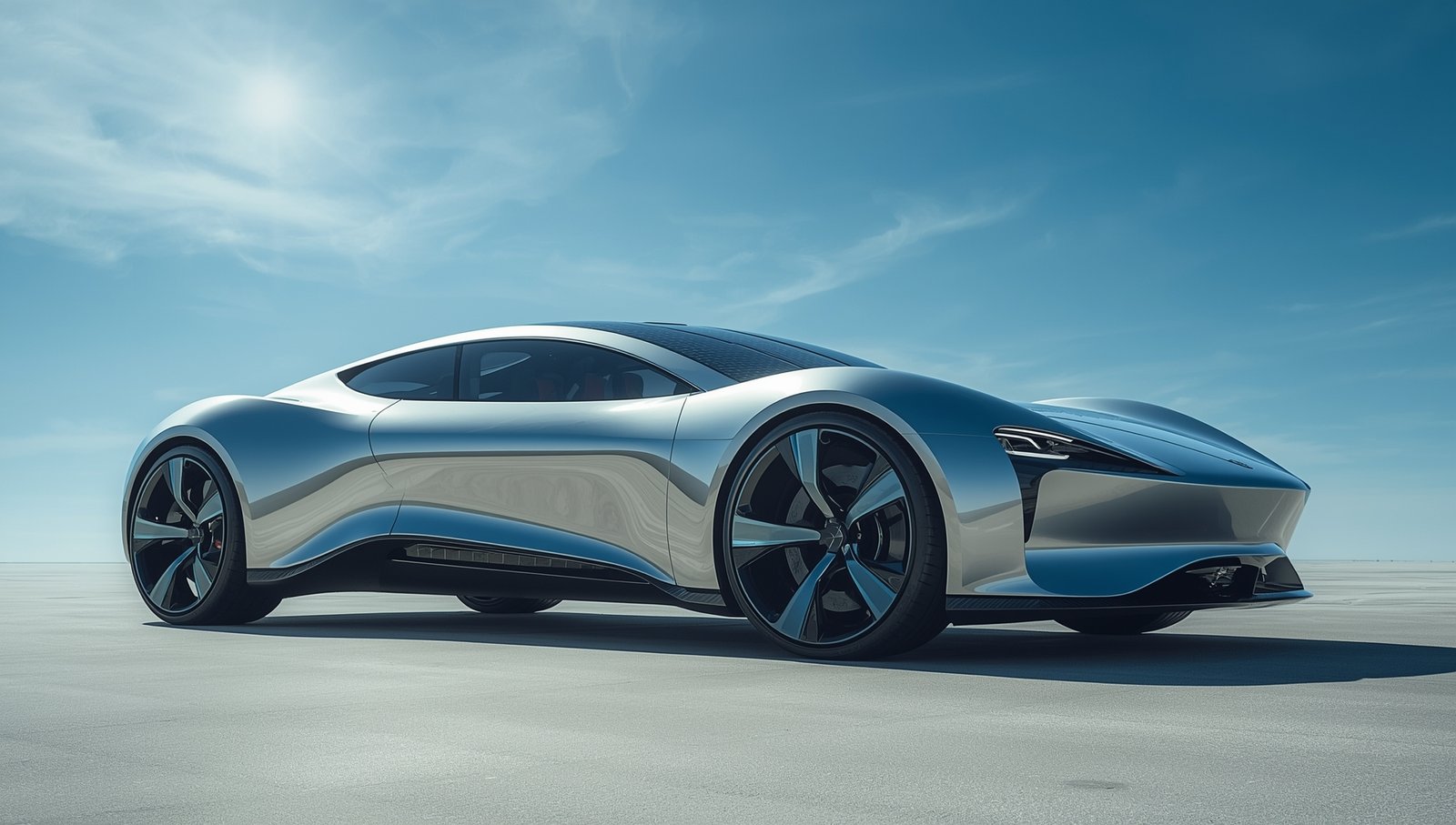 Sleek futuristic silver electric car with solar integration, parked under clear skies on a modern road.