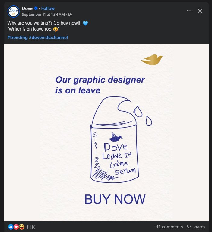 Hand-drawn sketch of a Dove hair serum bottle with text “Our graphic designer is on leave.