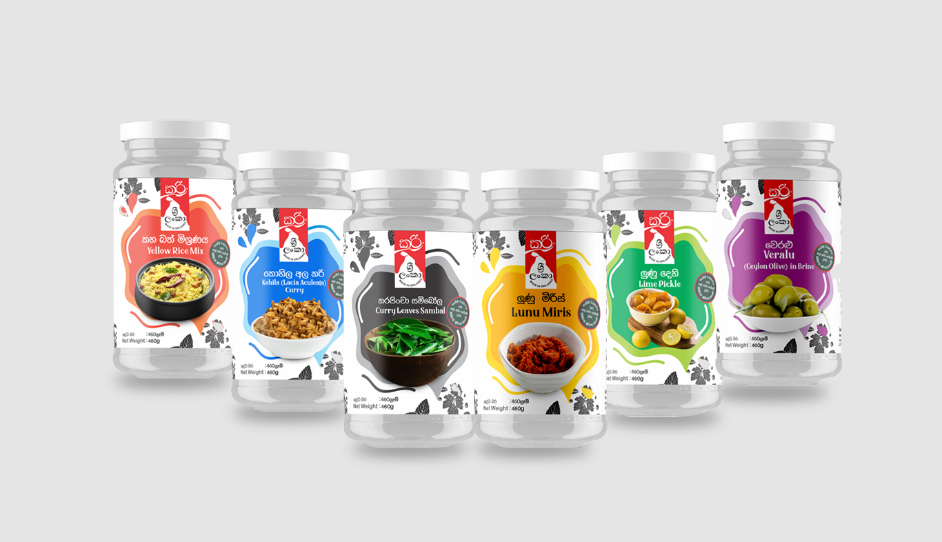 Curry Sri Lanka product label designs by Das Design Studio – logo and 6 food categories with color-coded packaging.