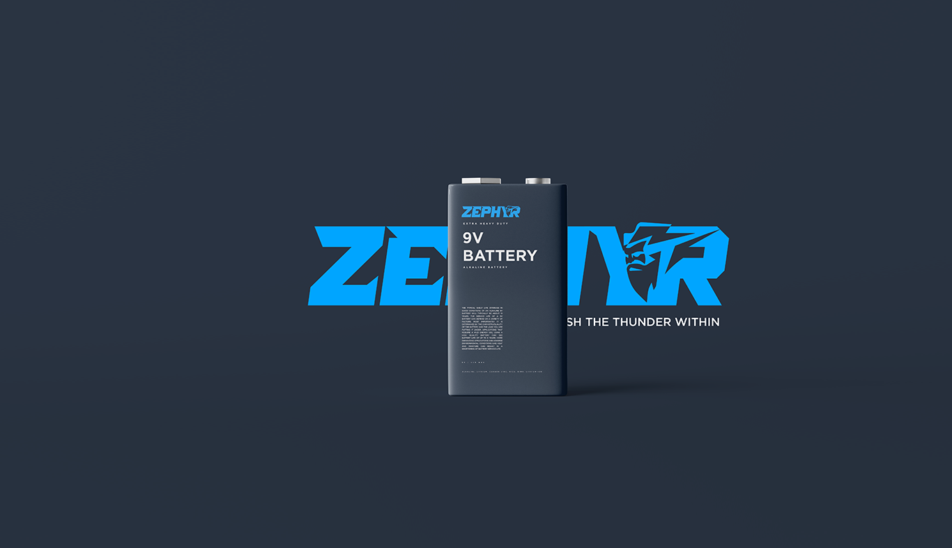 Zephyr 9V battery mockup showcasing thunder-inspired brand identity design