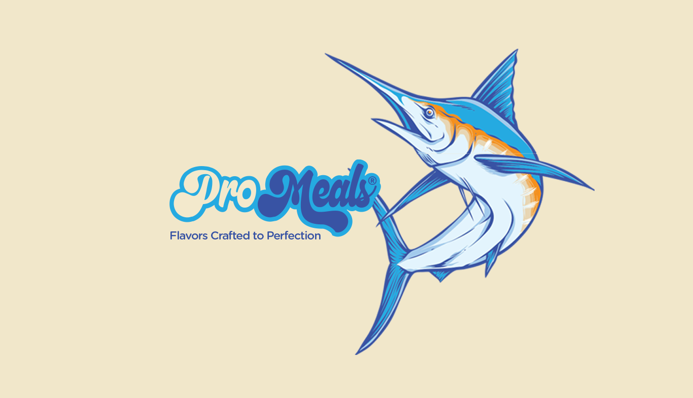 Pro Meals logo with a marlin fish illustration and the tagline Flavors Crafted to Perfection