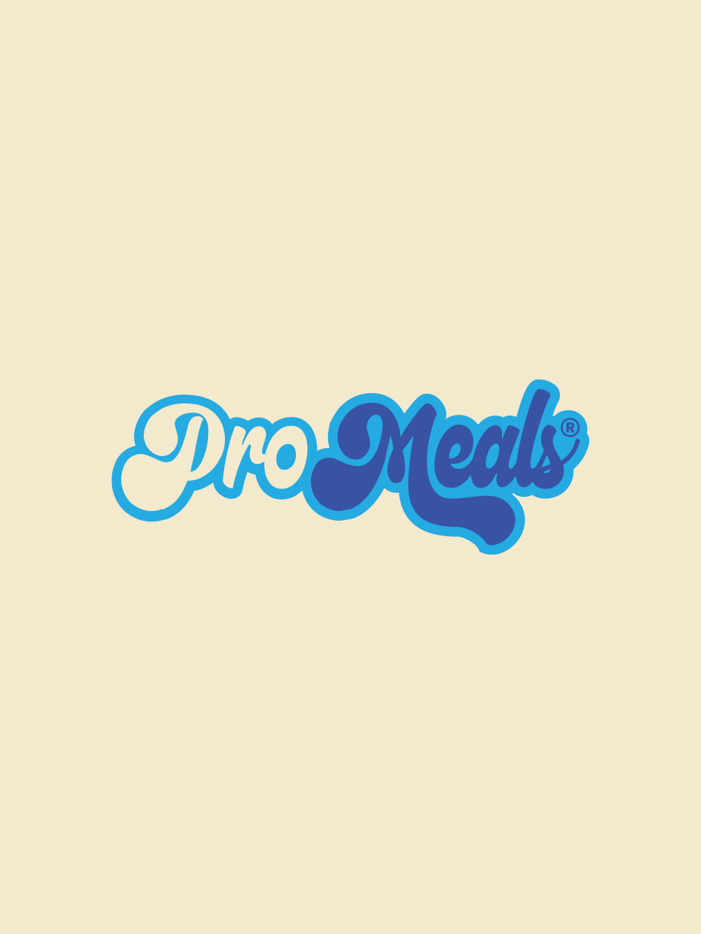 Pro Meals logo typography design in blue script lettering on a beige background