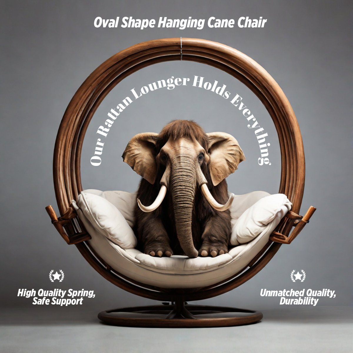 Social media post design for oval hanging cane chair — elephant sitting comfortably inside a round rattan lounger with curved text our rattan lounger holds everything