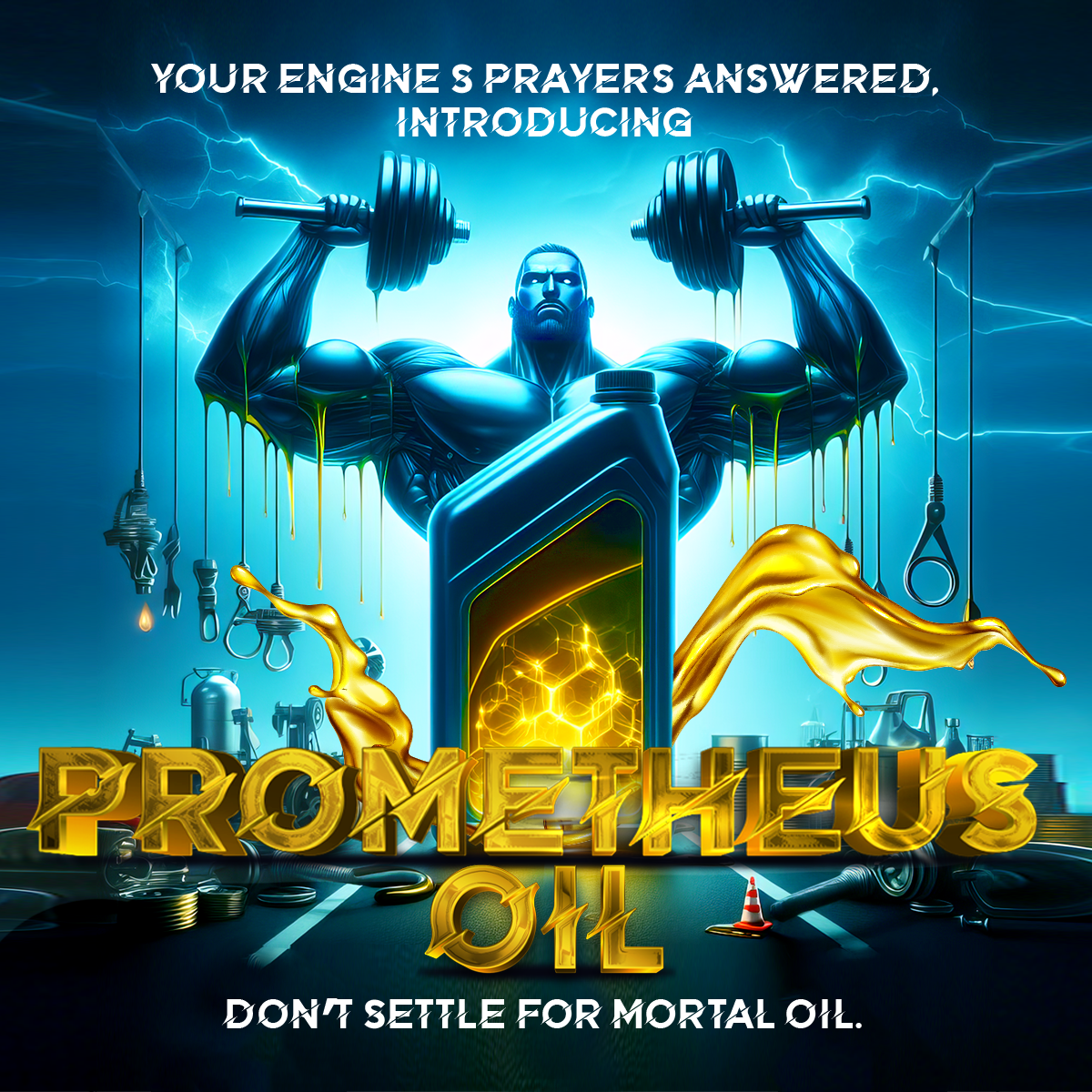Social media post design for Prometheus engine oil — muscular superhero character lifting barbells above a dark engine oil bottle with golden dripping oil and dramatic lightning background