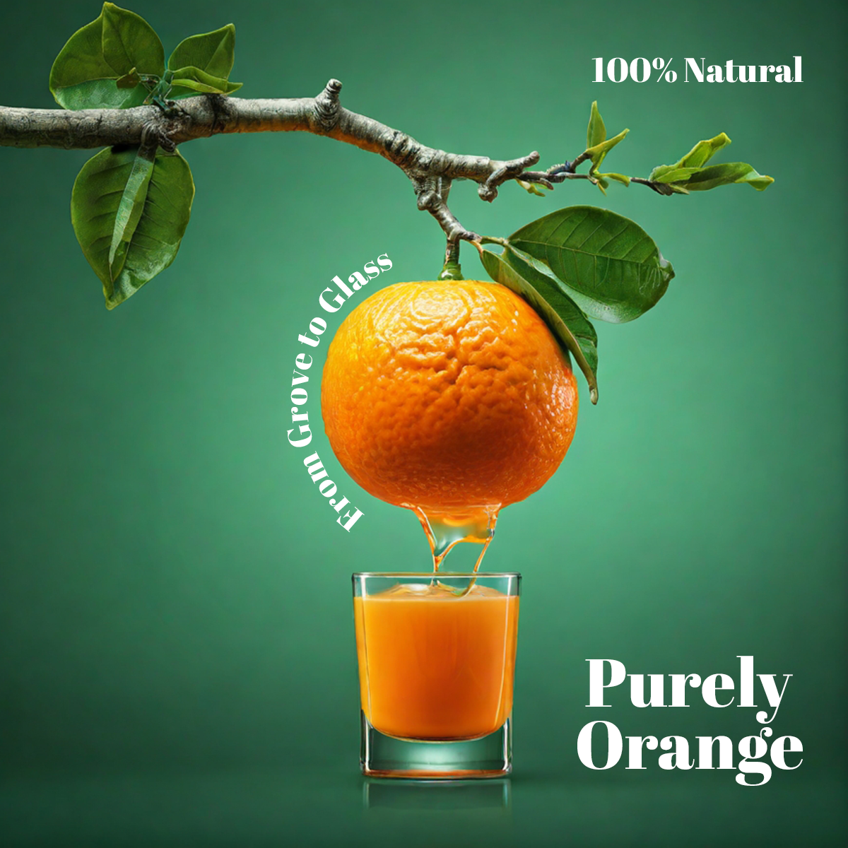 Social media post design for Purely Orange juice — orange on a branch pouring juice directly into a glass on a deep green background with from grove to glass curved text