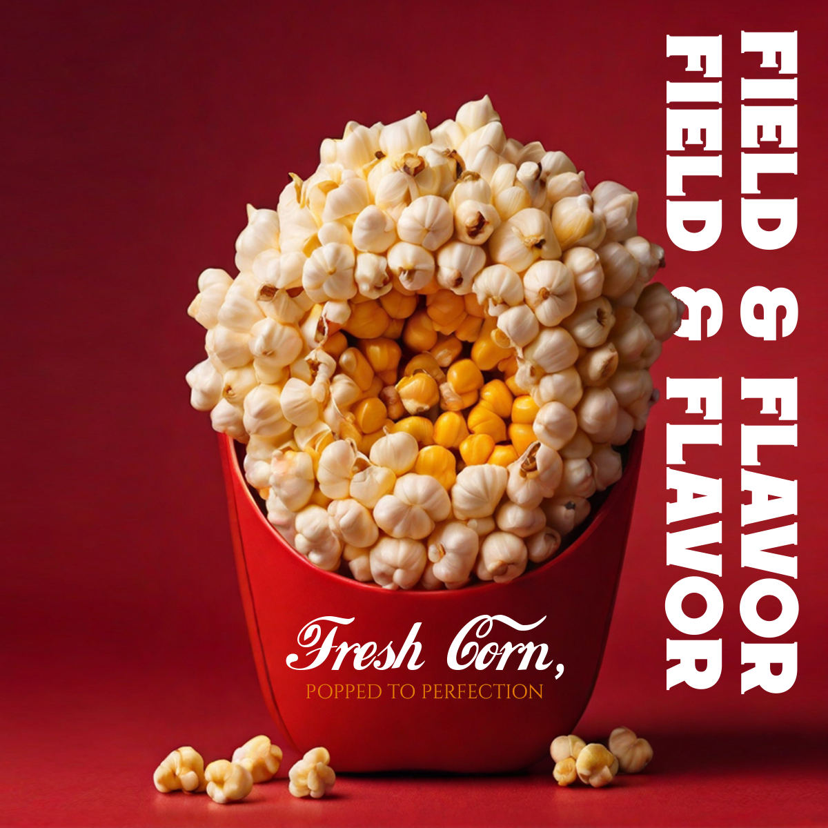 Social media post design for Fresh Corn popcorn — large red bucket overflowing with white popcorn on a deep red background with bold vertical field and flavor typography