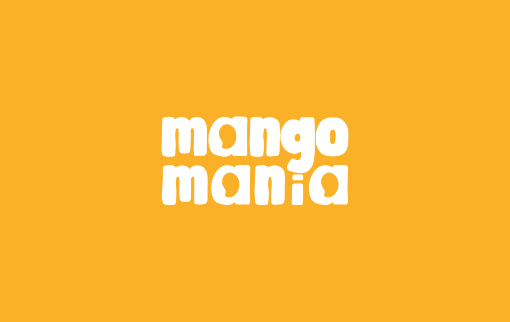 Mango Mania logo design white on yellow background Das Design Studio