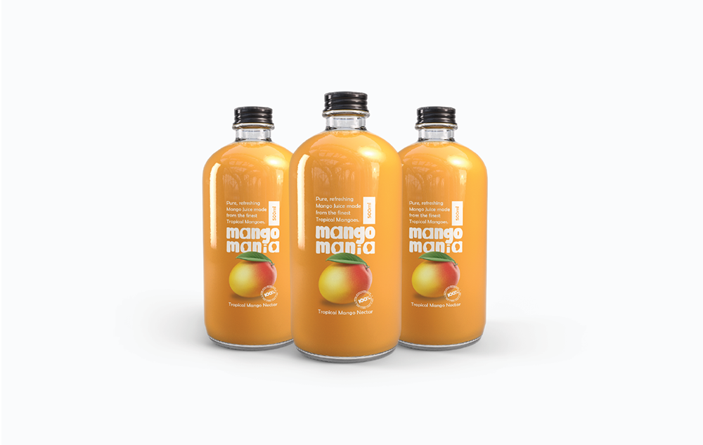 Mango Mania product label design transparent glass bottle mango juice