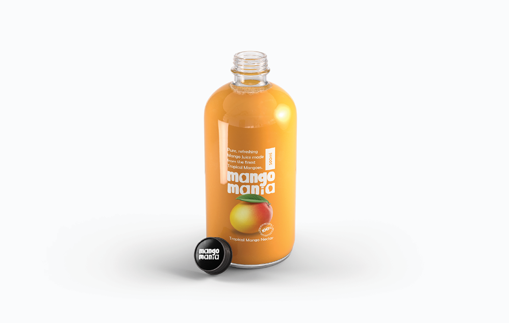 Mango Mania glass bottle label design with branded cap