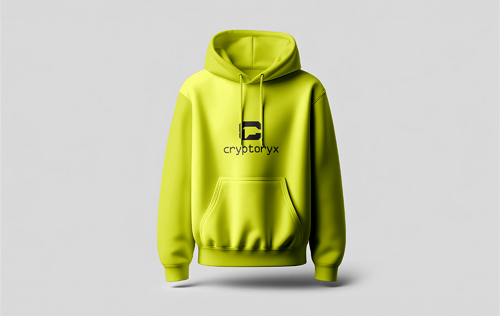 Cryptoryx logo on a lime green hoodie mockup showcasing brand identity design