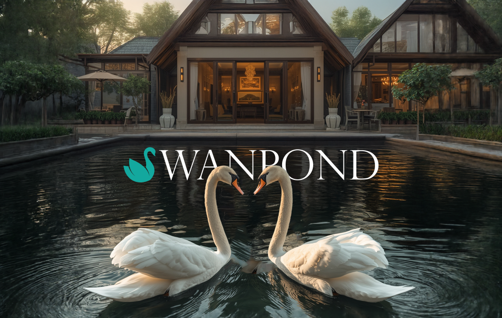 Swanpond eco resort logo design — teal swan wordmark overlaid on two swans forming a heart shape in the resort pond at dusk