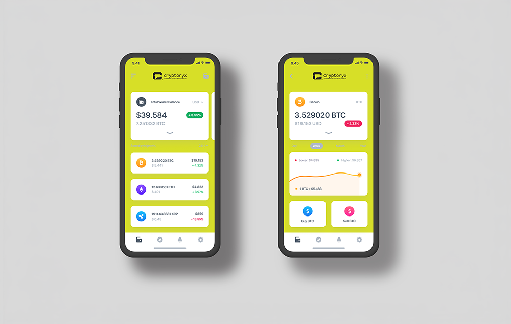 Cryptoryx crypto trading app UI design showing wallet balance and Bitcoin portfolio screens