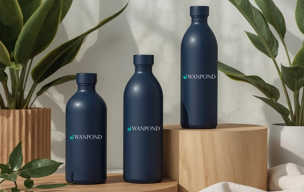 Swanpond eco resort logo design — three navy matte water bottles in small medium and large with teal swan mark and white wordmark surrounded by tropical plants