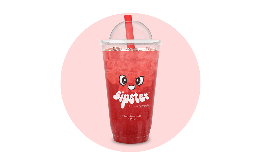 Sipster Cherry Lemonade beverage brand identity design — red kawaii mascot cup on pink background