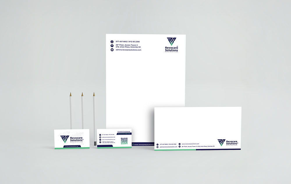 Revocare Solutions BPO company logo design — letterhead business cards and envelope stationery suite with gradient RS mark on grey background