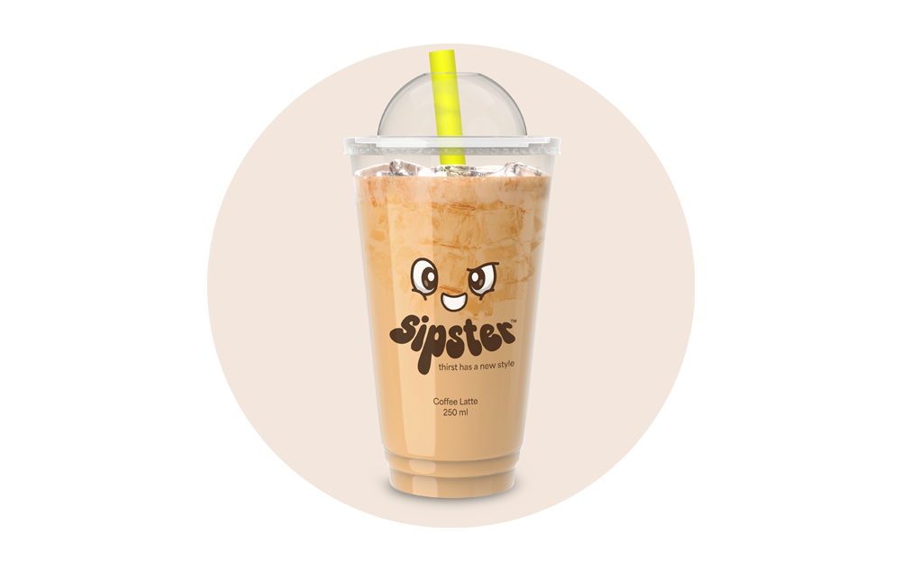 Sipster Coffee Latte 250ml cup with brown kawaii face mascot on a warm beige circle background. beverage brand identity design