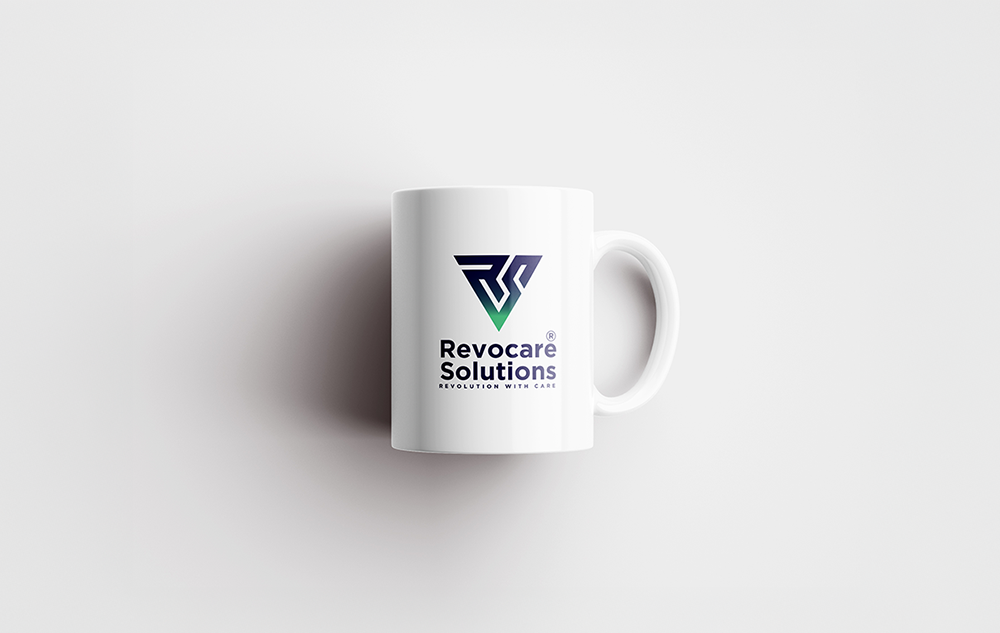 Revocare Solutions BPO company logo design — white ceramic mug with navy and teal gradient RS triangle icon and wordmark on light grey background