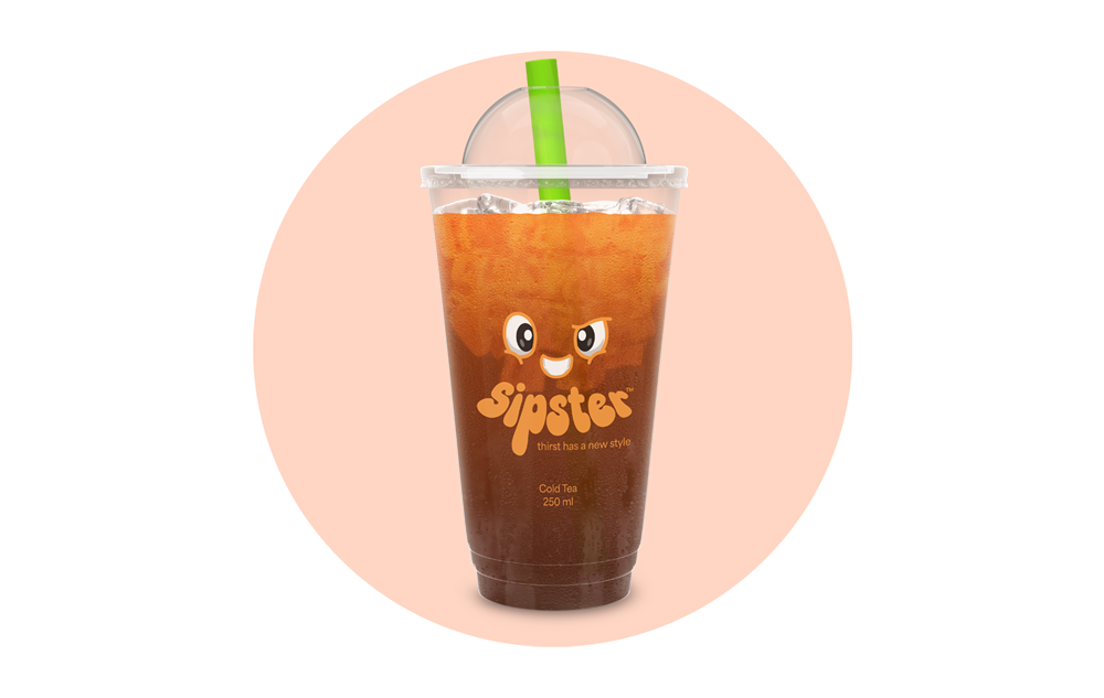 Sipster Cold Tea 250ml cup with orange kawaii face mascot on a soft peach circle background