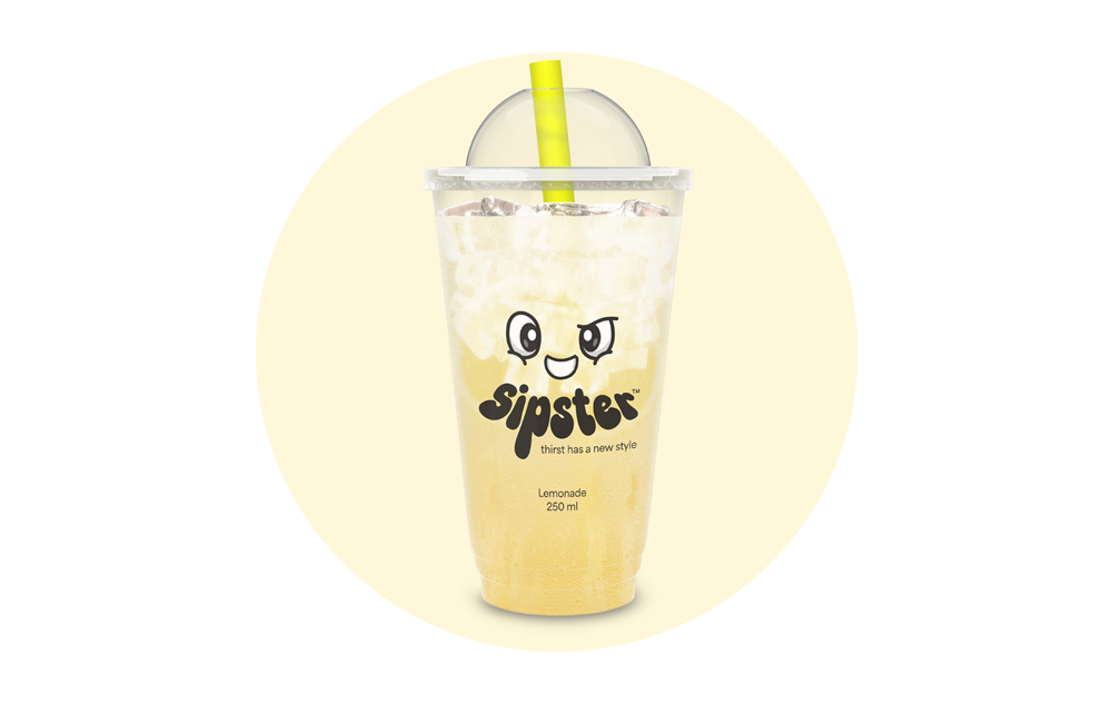 Sipster Lemonade 250ml cup with black kawaii face mascot on a pale yellow circle background. beverage brand identity design