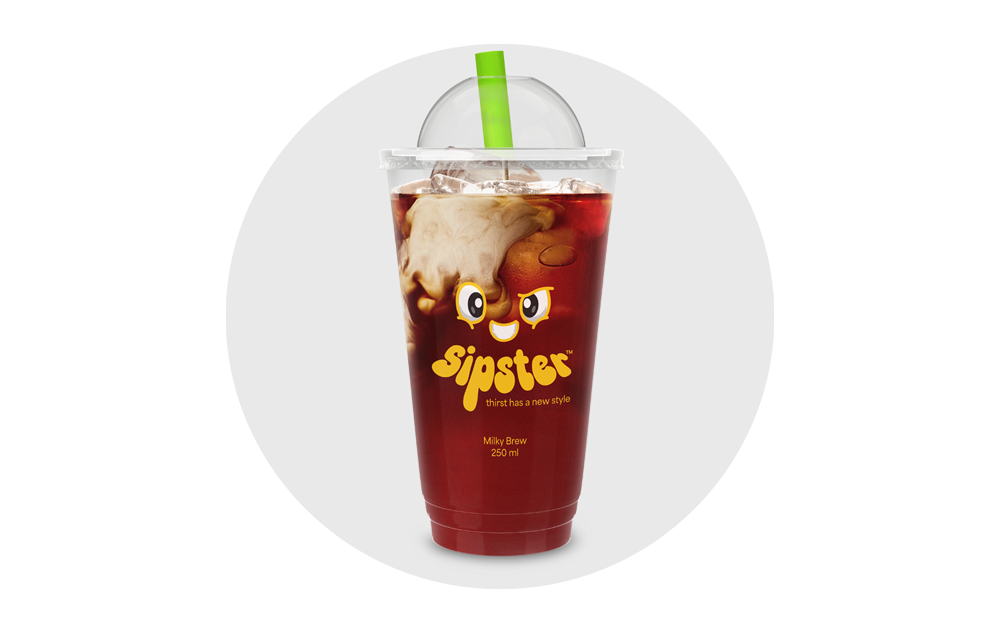 Milky Brew 250ml cup with yellow kawaii face mascot on a light grey circle background, showing cream swirling into dark liquid