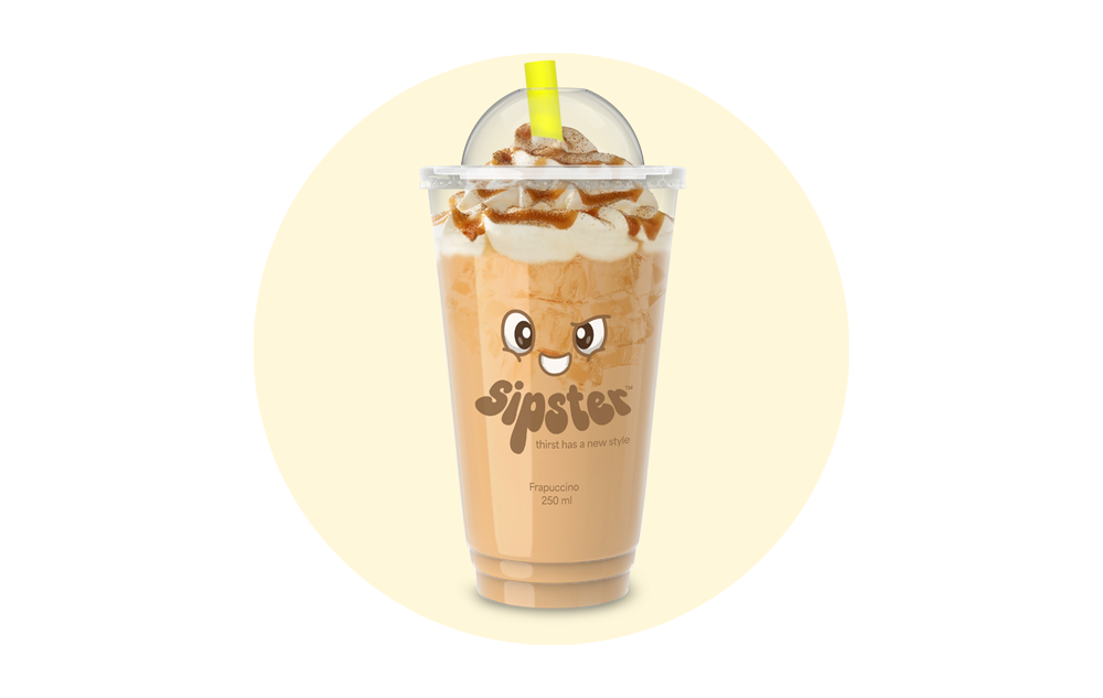 Sipster Frappuccino 250ml cup with brown kawaii face mascot, whipped cream topping, and caramel drizzle on a pale yellow circle background