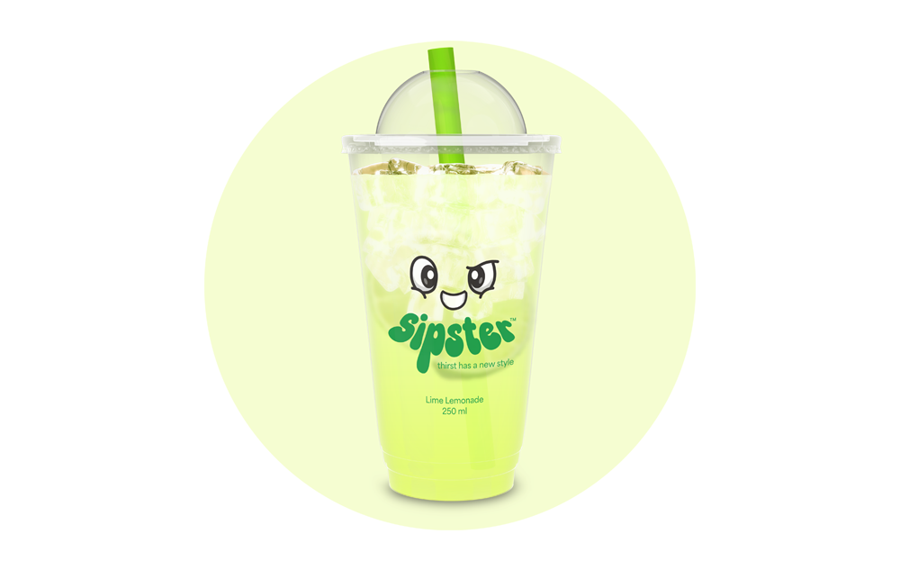 Sipster Lime Lemonade 250ml cup with green kawaii face mascot on a light lime-green circle background. beverage brand identity design
