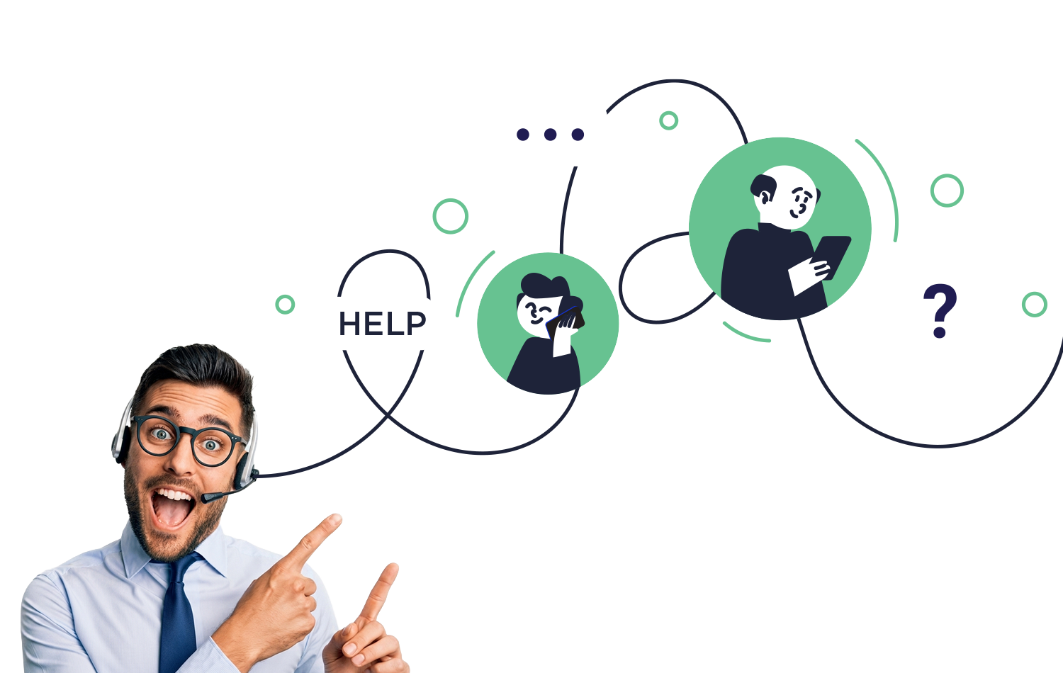 Revocare Solutions BPO company logo design hero image — smiling call centre agent with headset pointing at a connected customer service flow illustration with help icons