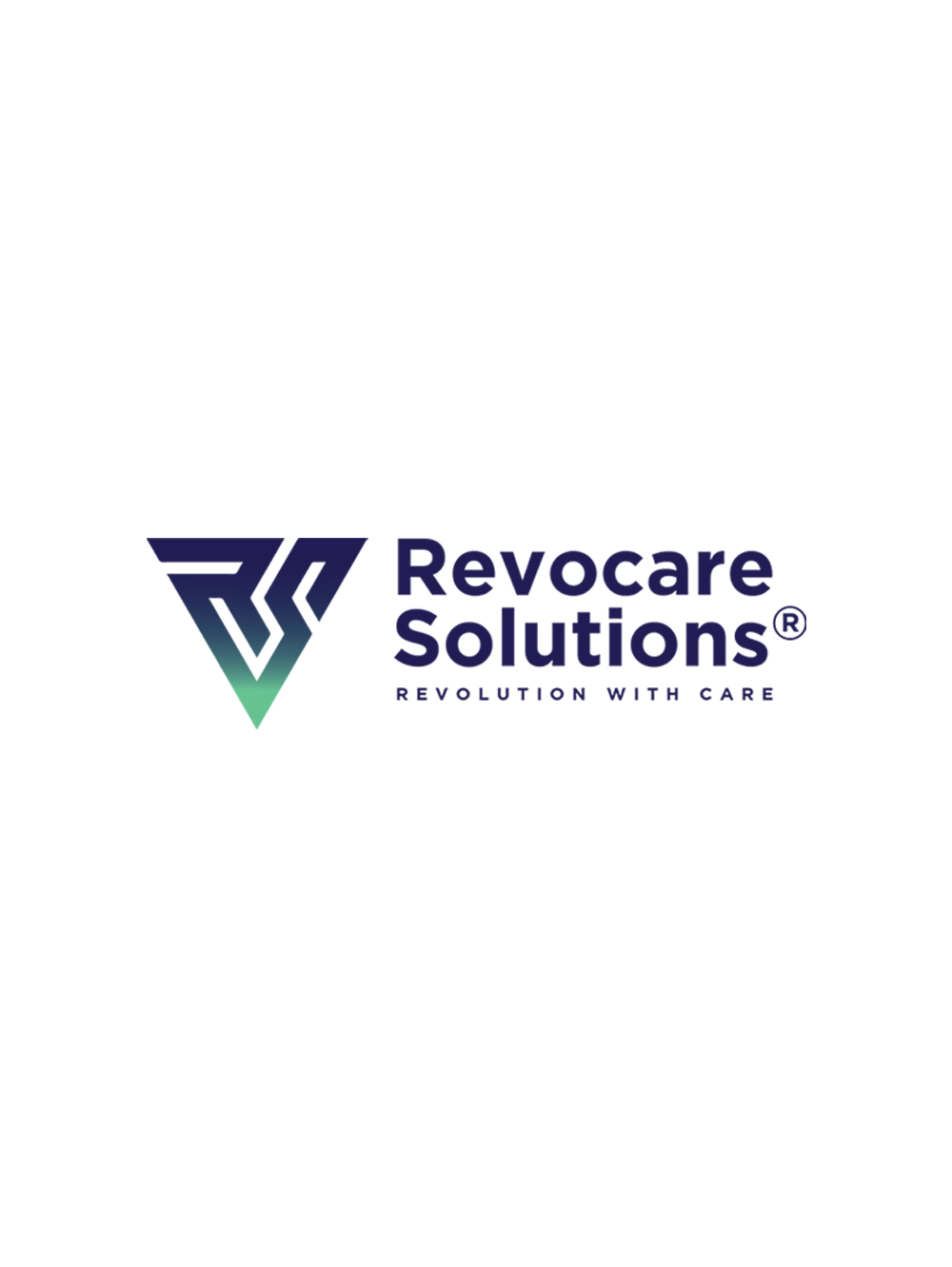 Revocare Solutions BPO company logo design — gradient RS triangle icon and wordmark above a smiling call centre agent with headset on light grey background