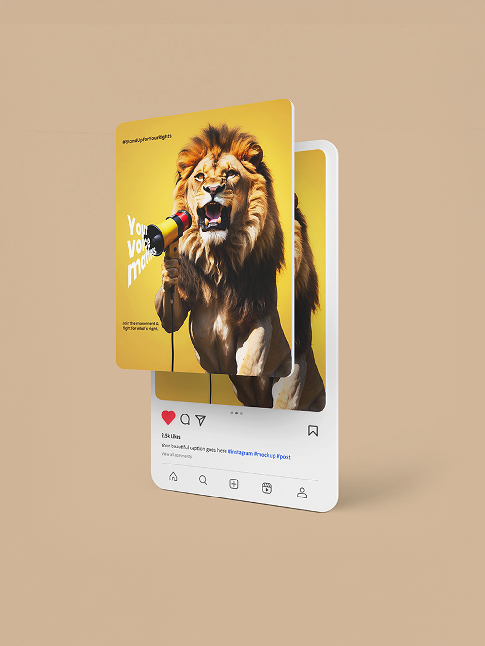 Social media post design portfolio thumbnail — roaring lion with megaphone your voice matters ad shown inside an Instagram phone mockup on a warm beige background