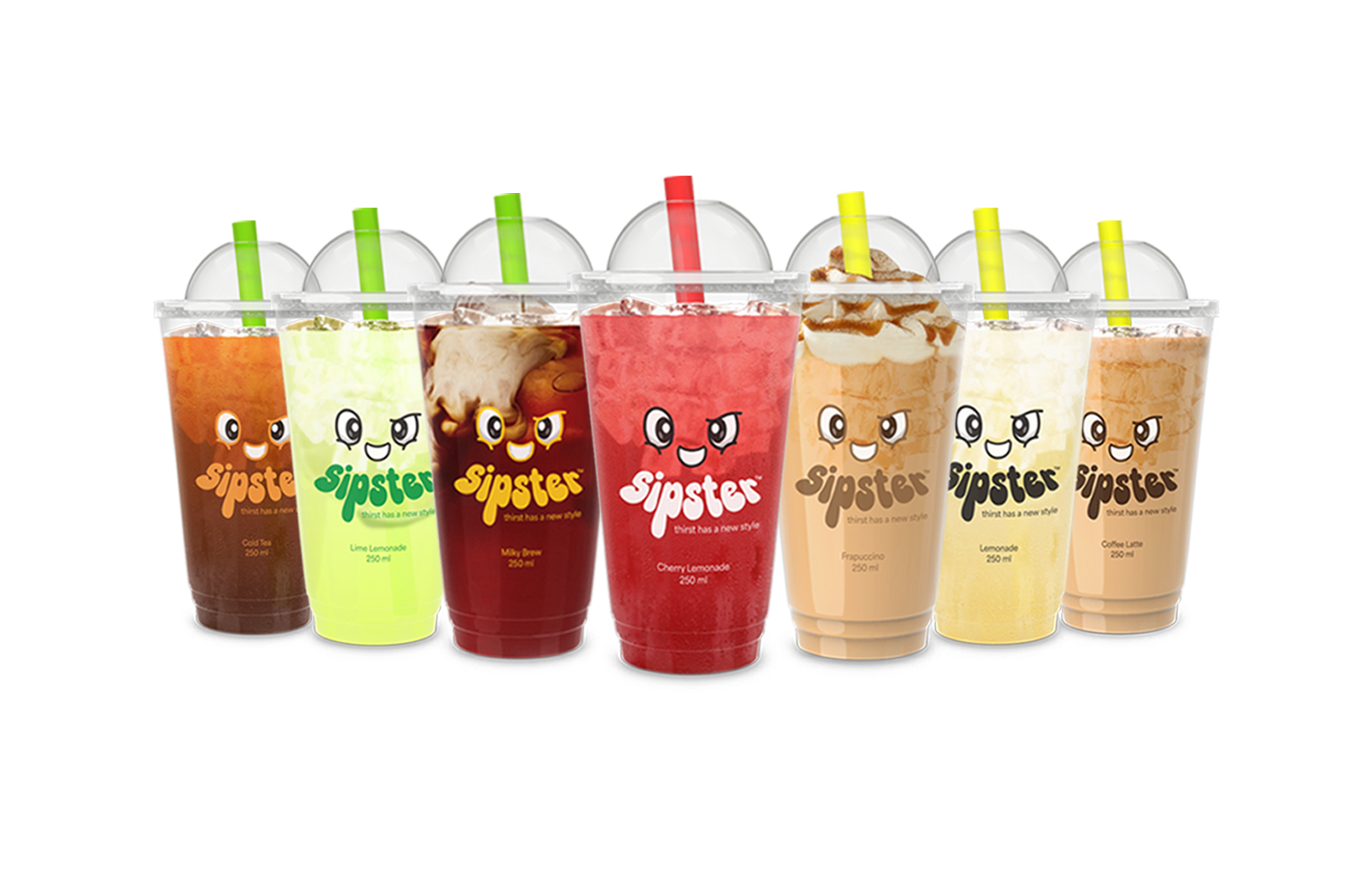 Sipster beverage brand identity design — seven flavoured cups with kawaii mascot characters arranged in a fan on a bold red background