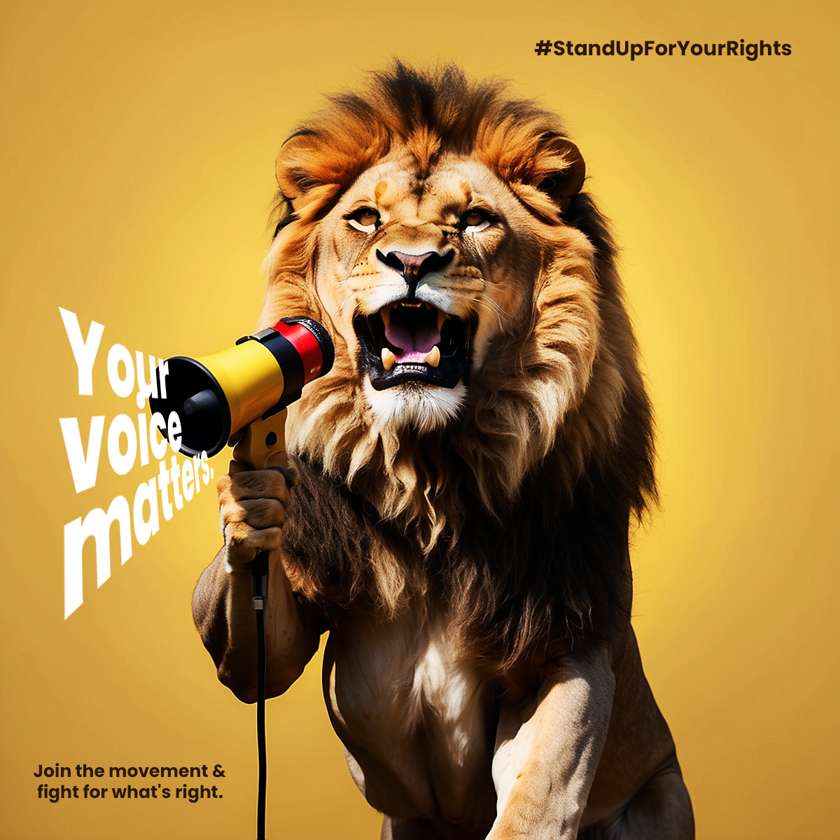 Social media post design for stand up for your rights campaign — roaring lion holding a yellow megaphone on a golden background with your voice matters headline