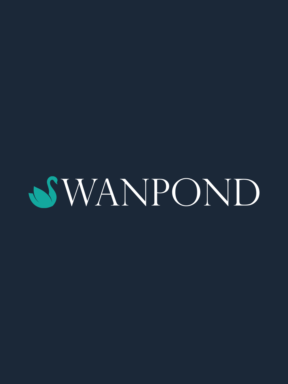 Swanpond eco resort logo design — teal swan mark and white serif wordmark centred on a deep navy background